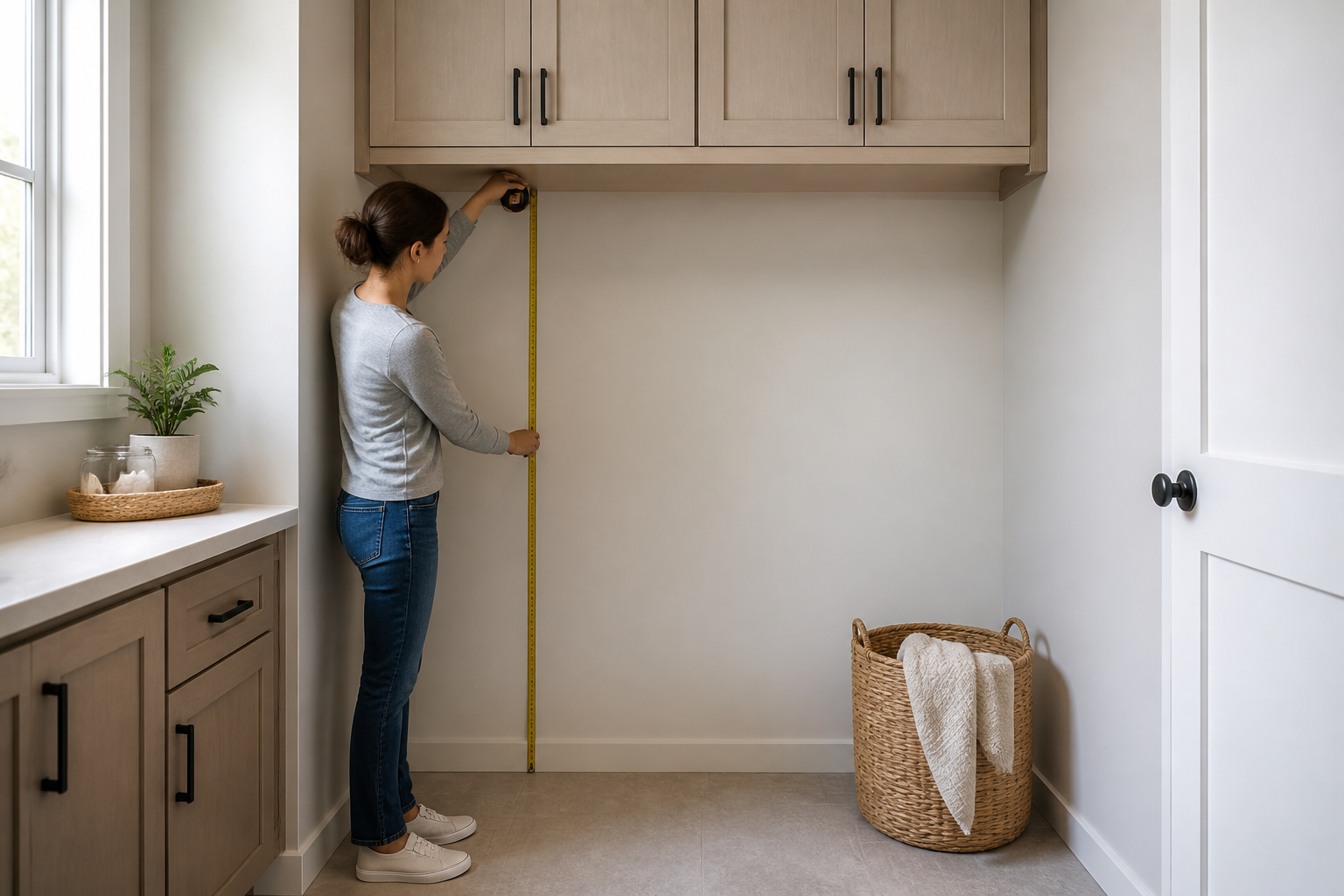 Adult measuring the empty height beneath upper cabinets in a bright laundry alcove before appliance installation