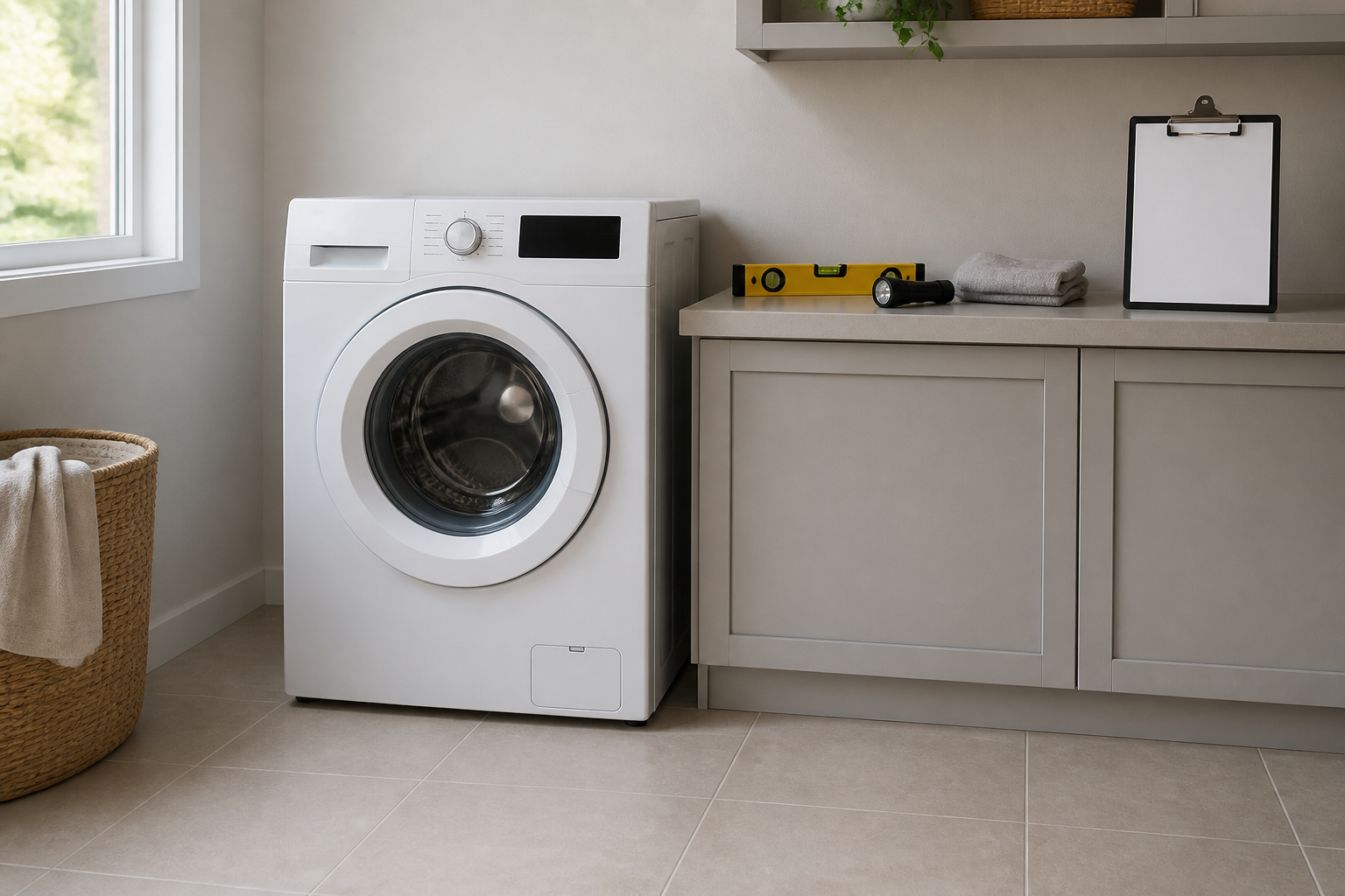 Bright modern laundry room with an unbranded front-load washer directly on the tile floor and a level, flashlight, folded cloth and blank clipboard ready for maintenance