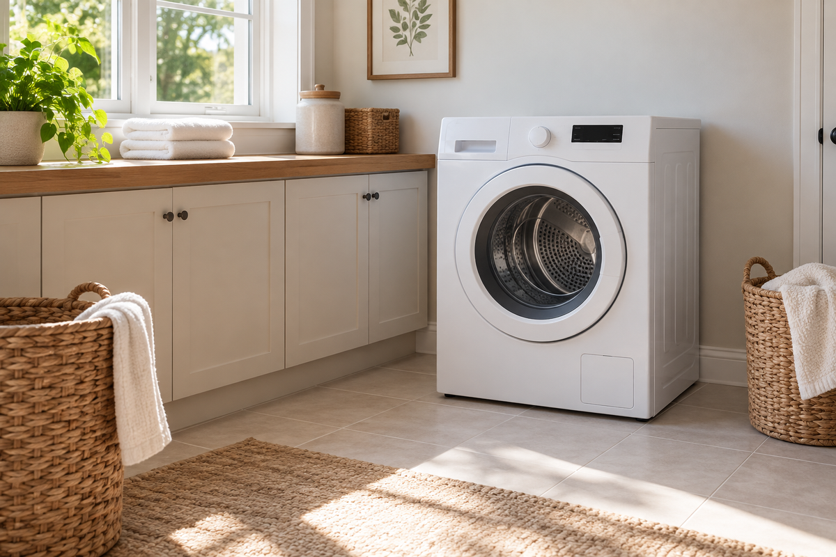 Bright uncluttered laundry room with an unbranded white front-load dryer on a light tile floor beside an open window