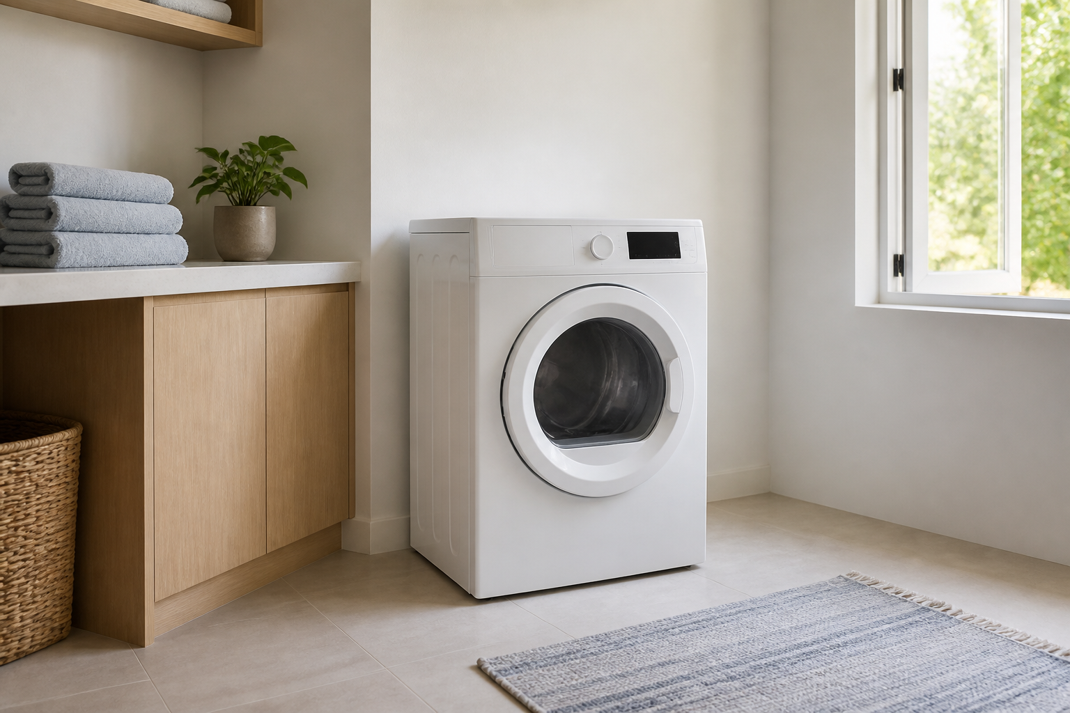 Bright modern laundry room with an unbranded white front-load dryer sitting directly on a light tile floor beside an open exterior window and folded towels