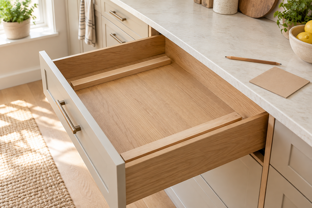 Open empty oak kitchen drawer with two plain measuring battens beside a pencil and blank note card in soft morning light
