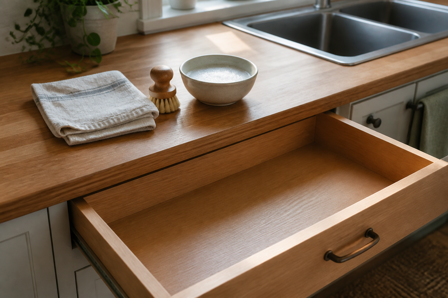 Bright home kitchen with an empty open wooden drawer, folded cleaning cloth, soft brush, bowl of soapy water and stainless-steel sink