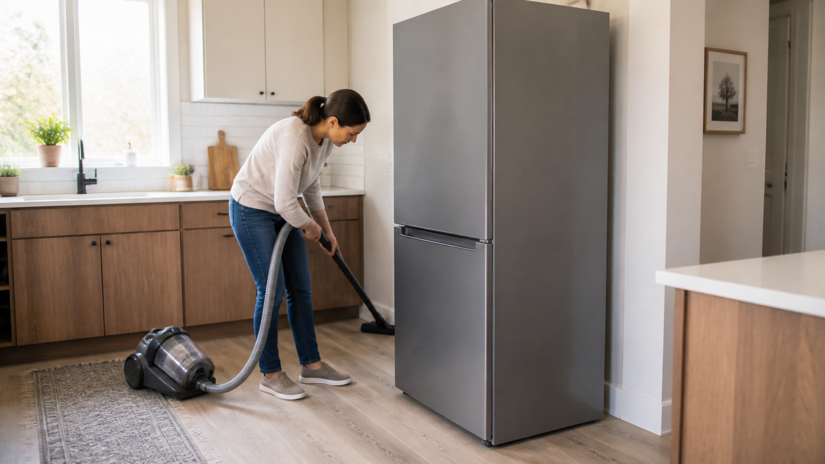 Homeowner vacuuming the exposed floor beside an unbranded freestanding refrigerator in a bright kitchen