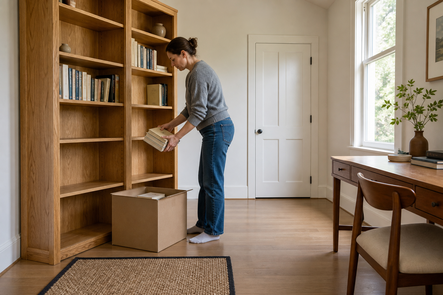 Adult packing books from a stationary wooden bookcase into a plain box before a home study move