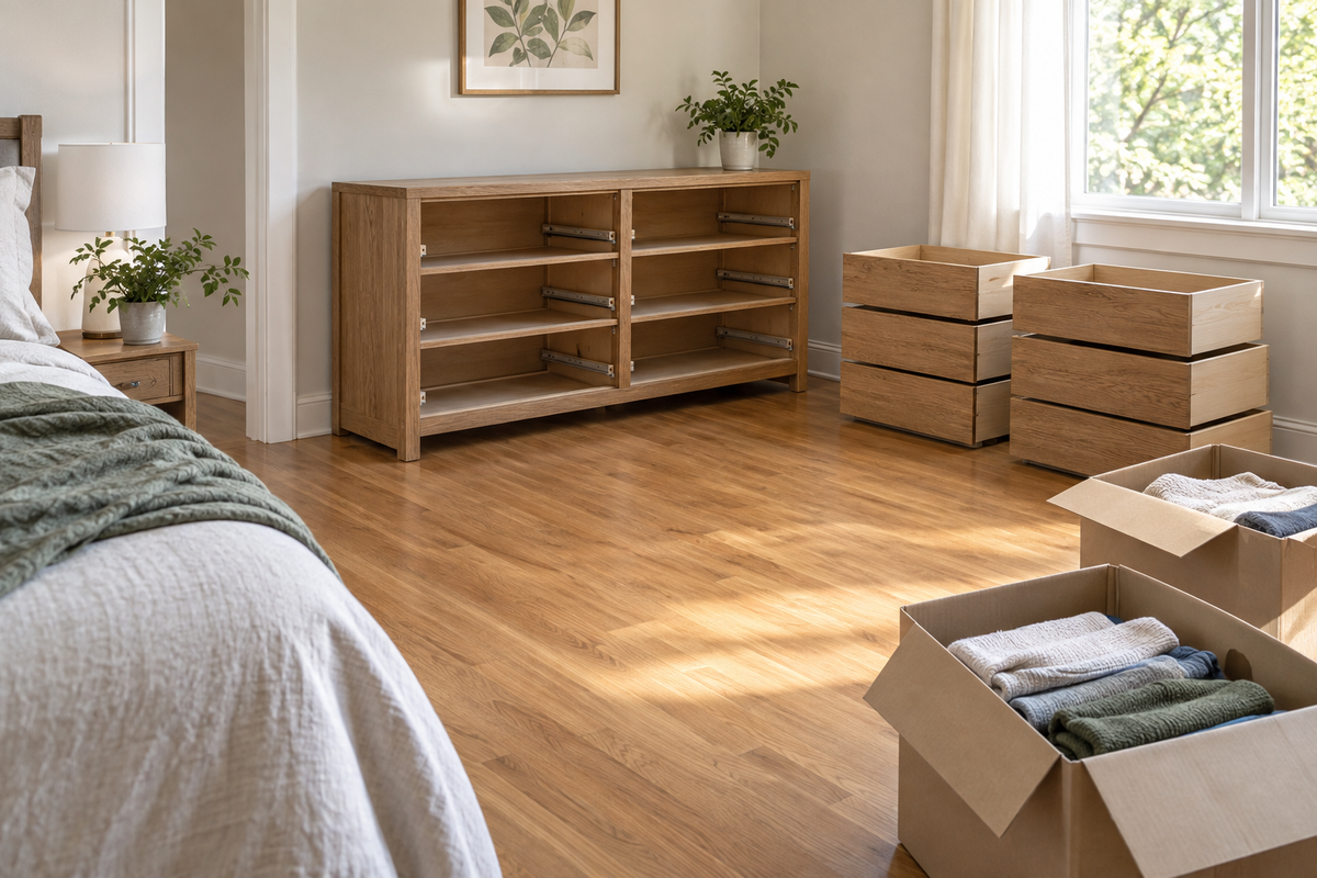 Bright bedroom with an empty wooden dresser, removed drawers, packed clothing boxes and a clear hardwood-floor route