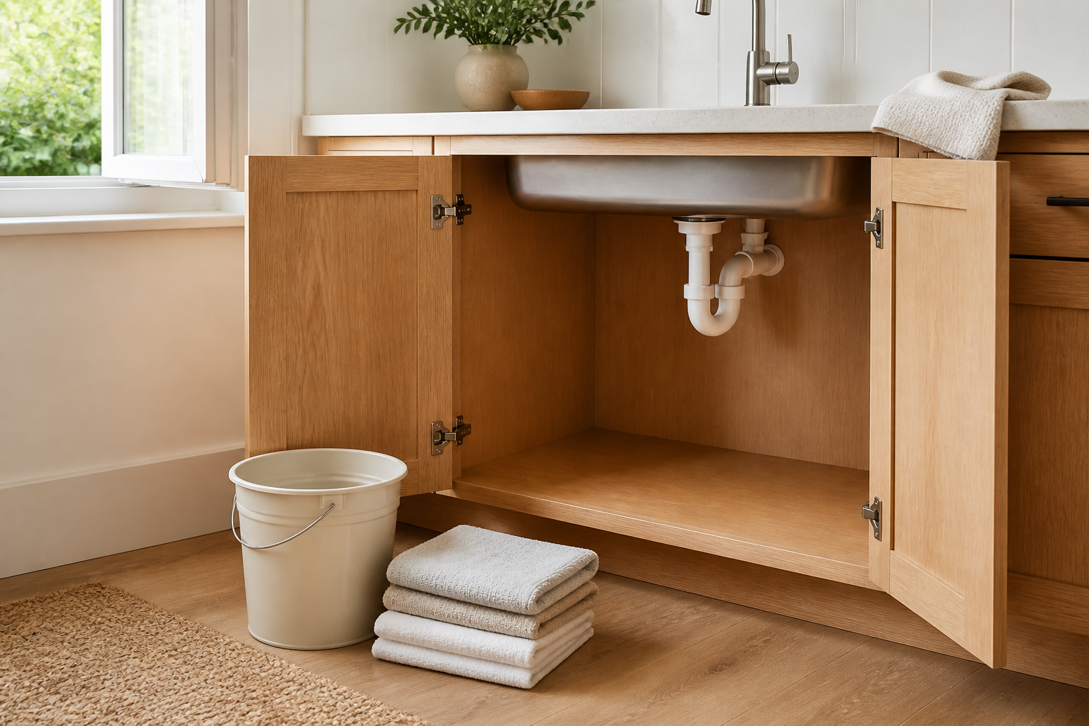 Bright kitchen with an empty open under-sink cabinet, exposed plumbing, folded towels and an unmarked bucket ready for leak cleanup