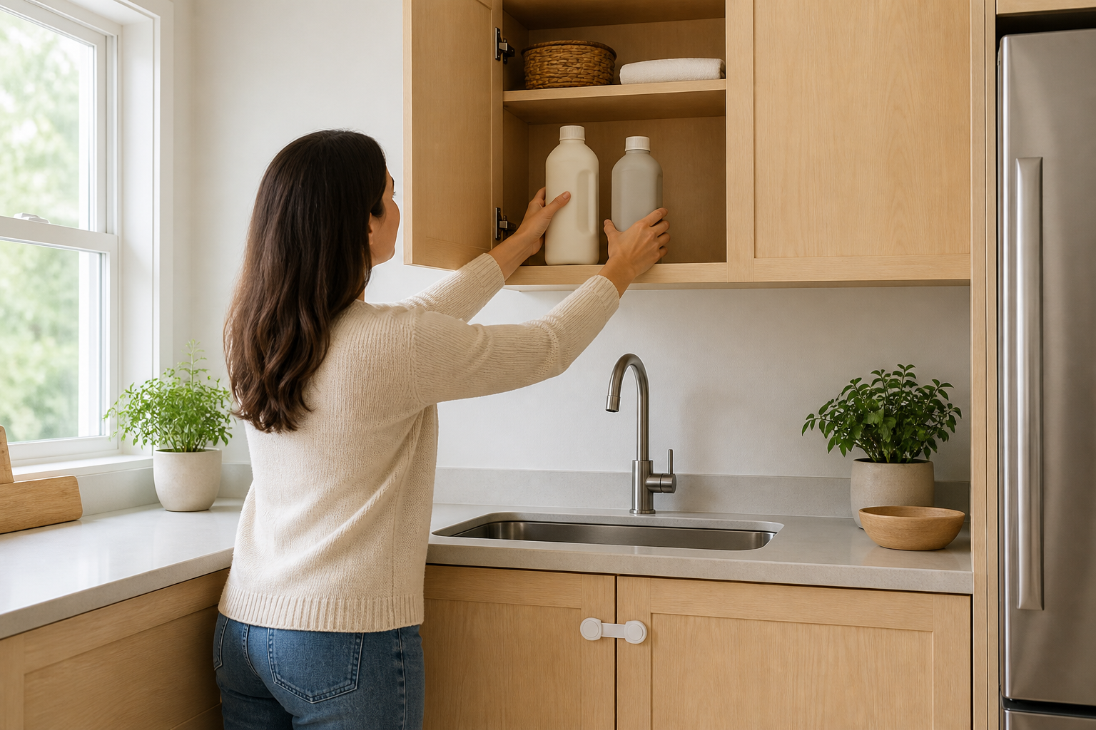 Adult placing two plain closed cleaning bottles in a high kitchen cabinet above a sink while the closed lower cabinet is secured with a child-safety latch