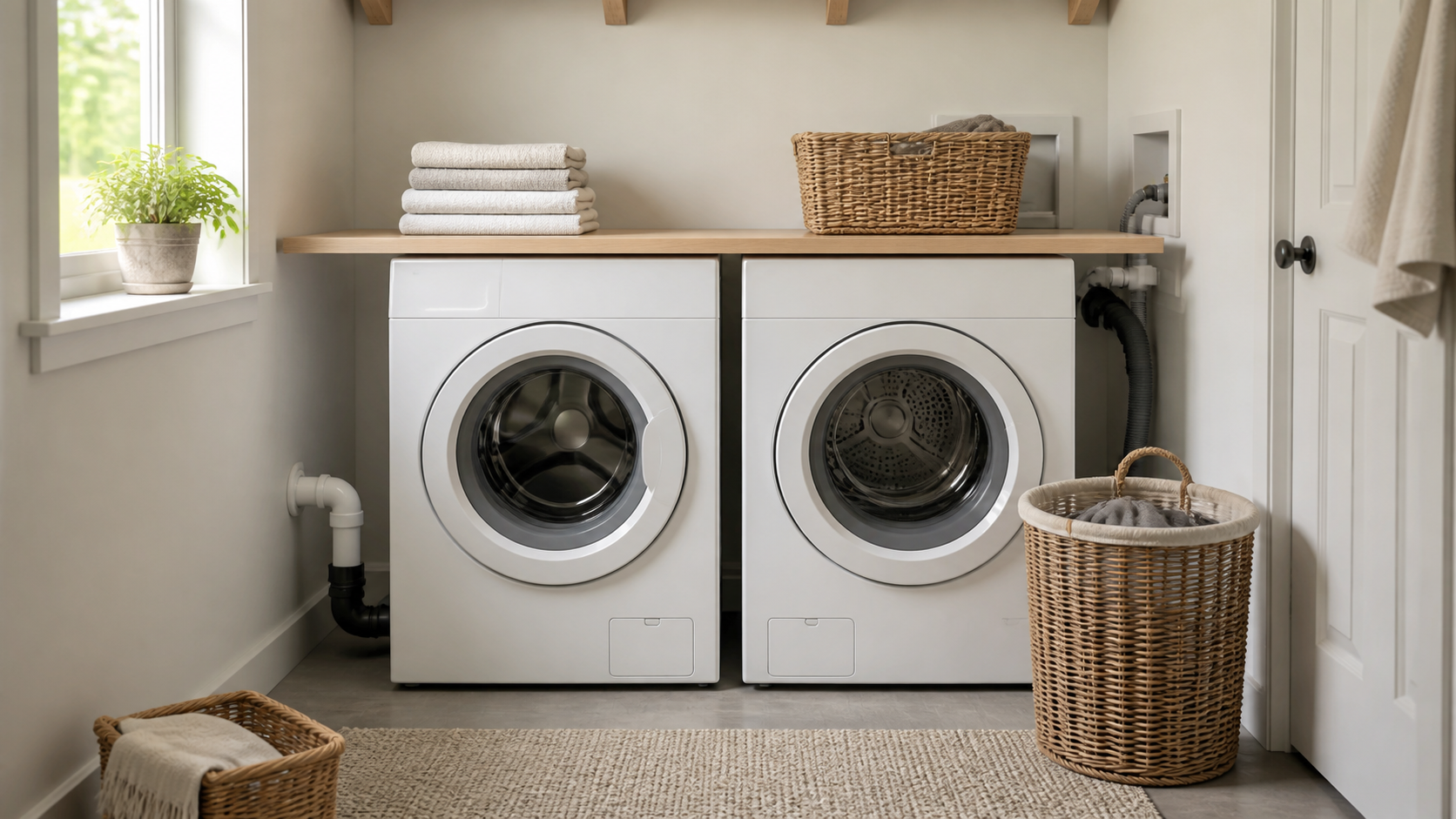 Unbranded heat-pump dryer and front-load washer standing side by side in a bright compact laundry room during installation planning