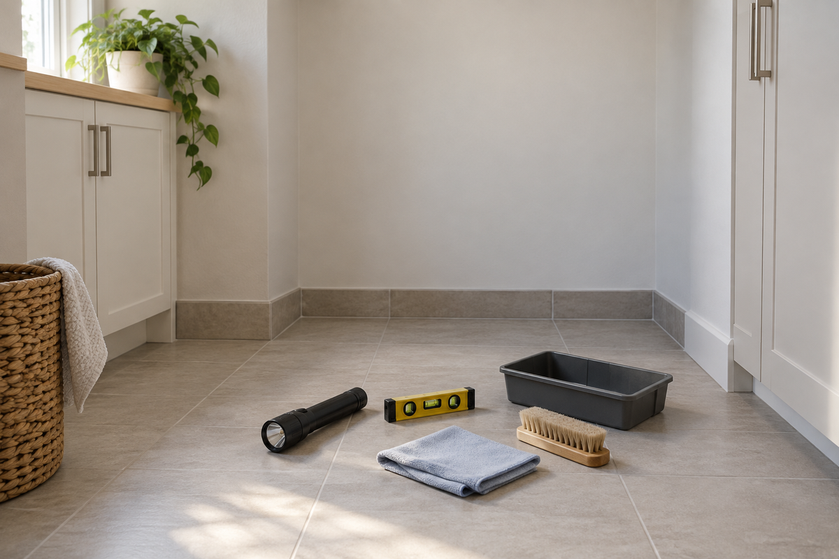 Empty residential laundry alcove with a flashlight, bubble level, soft brush, folded cloth and plain tool tray on a clean tile floor