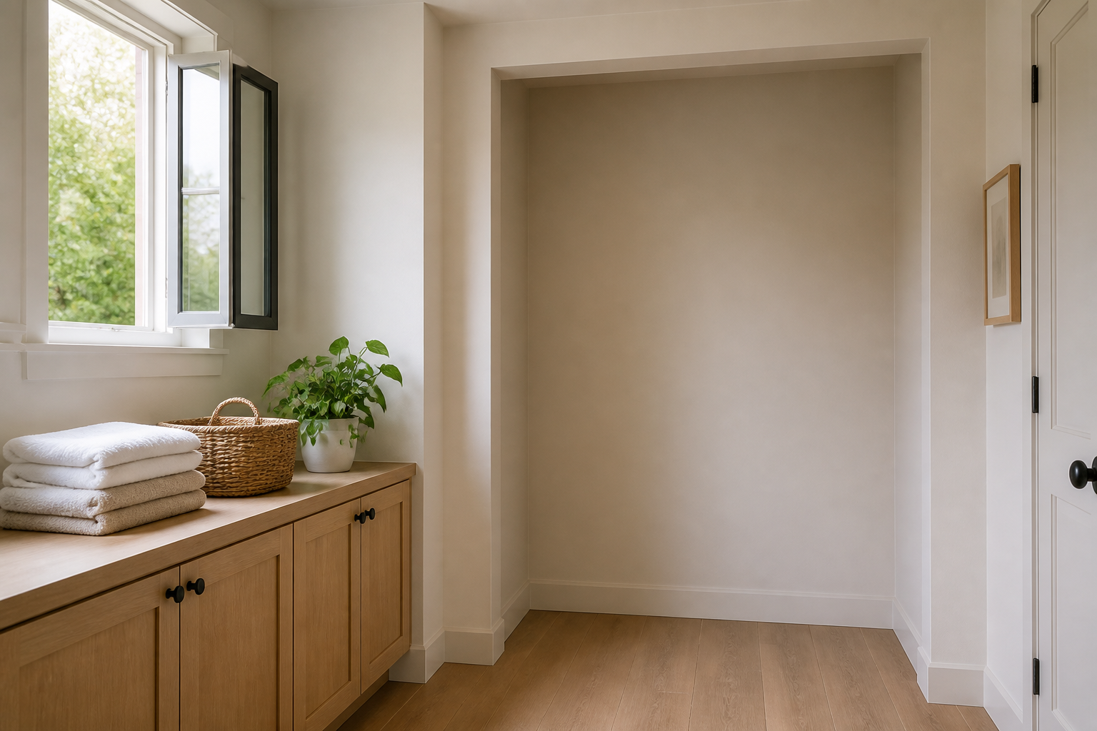Bright modern laundry-planning room with an empty floor-to-ceiling appliance alcove, folded plain towels, a woven basket, a green plant, light oak cabinetry and an open window