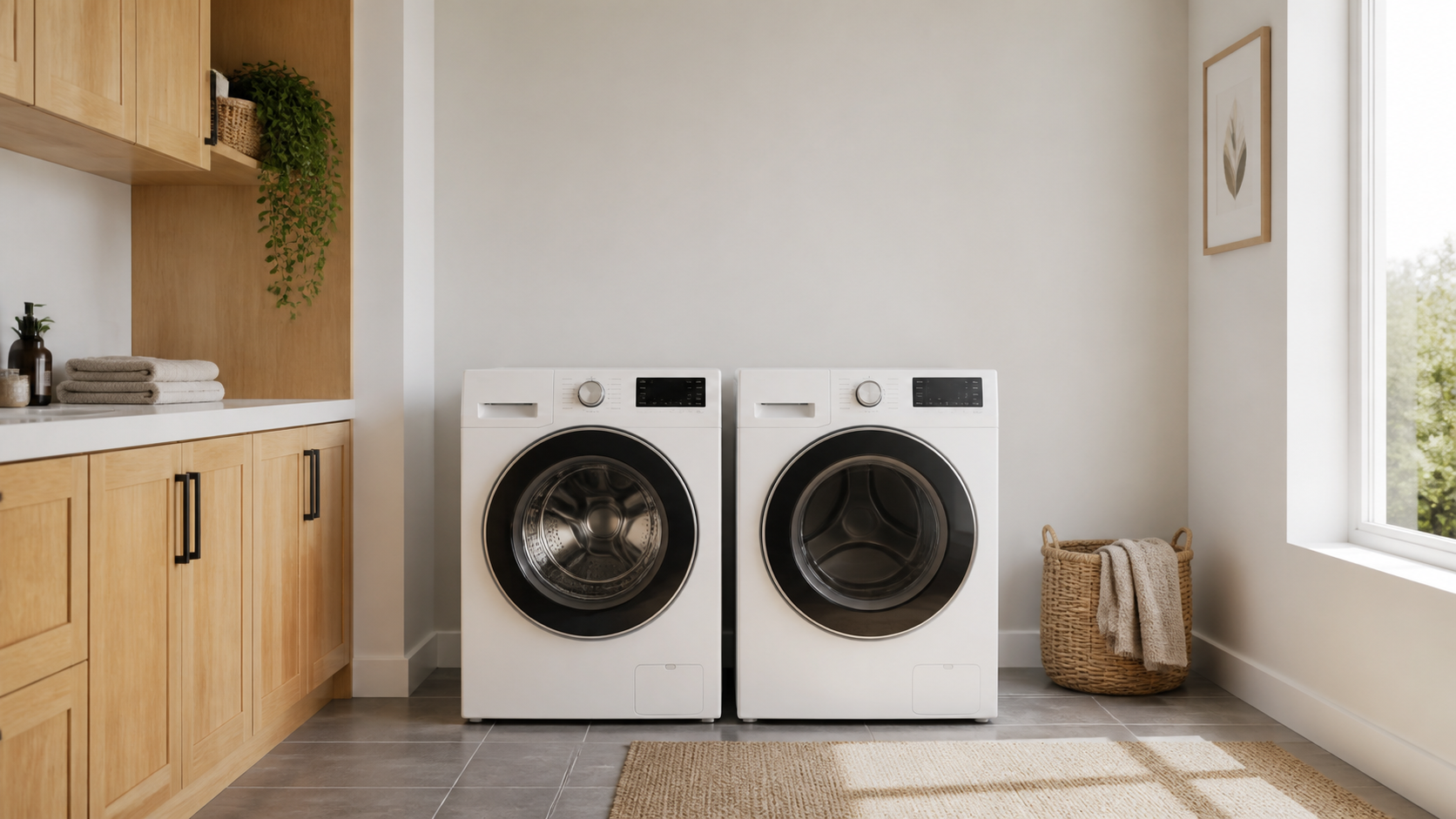 Unbranded front-loading washer and dryer standing side by side in a bright uncluttered home laundry room