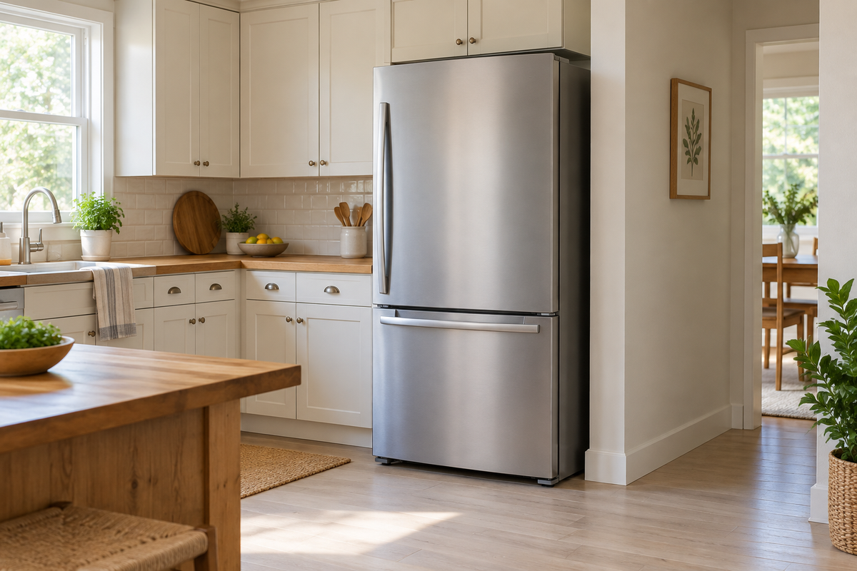 Bright kitchen with an unbranded silver refrigerator standing directly on a light level floor beside pale cabinets