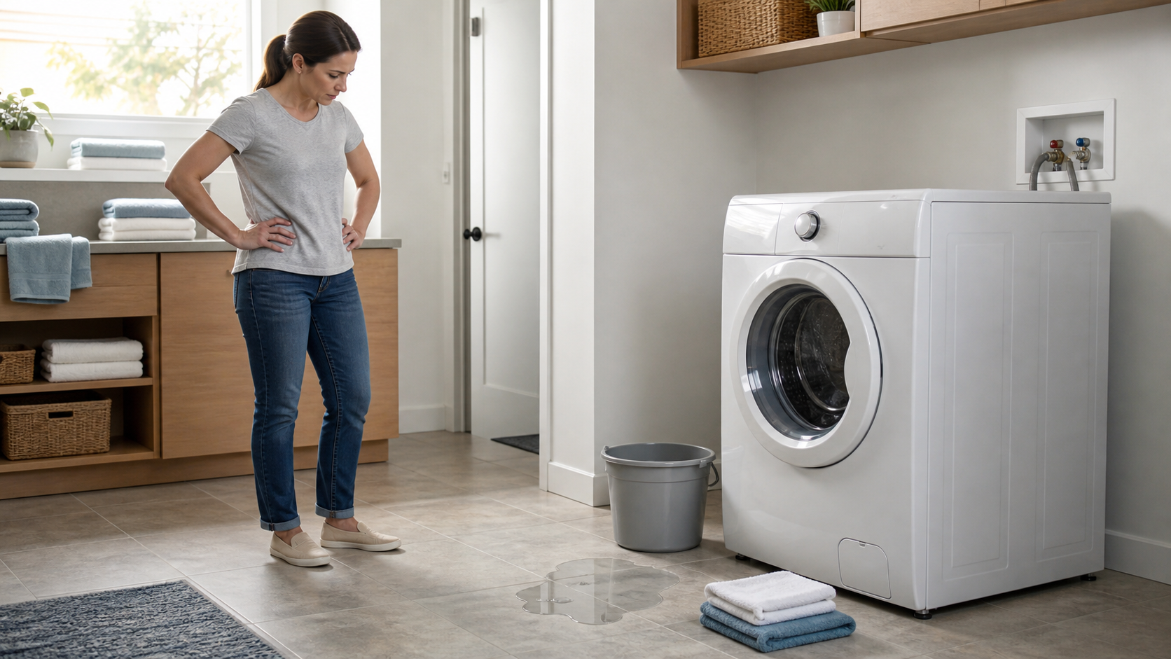 Homeowner assessing a small water leak beside an unbranded washing machine in a bright laundry room