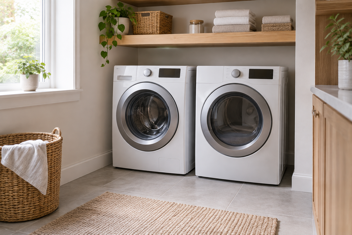 Bright laundry room with two unbranded front-loading appliances standing directly on tile below a low wooden shelf