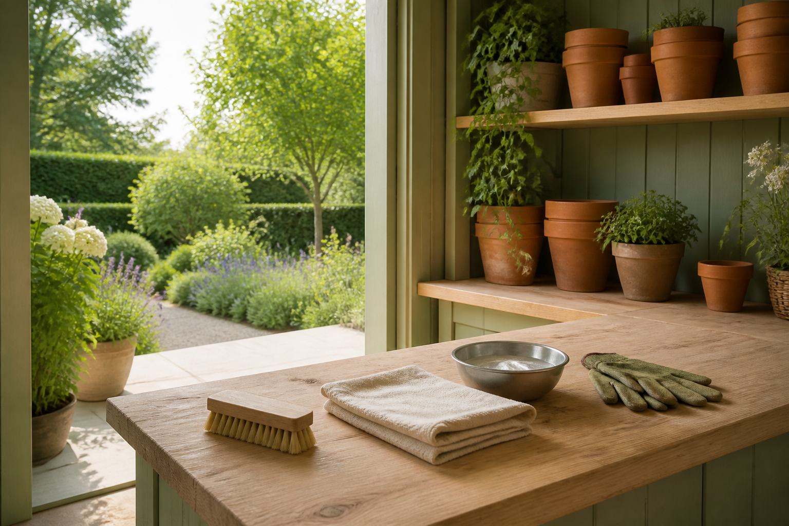 Tidy covered garden work area with a timber bench, soft brush, folded cloth, metal water bowl, gloves, terracotta pots and an open view of green planting