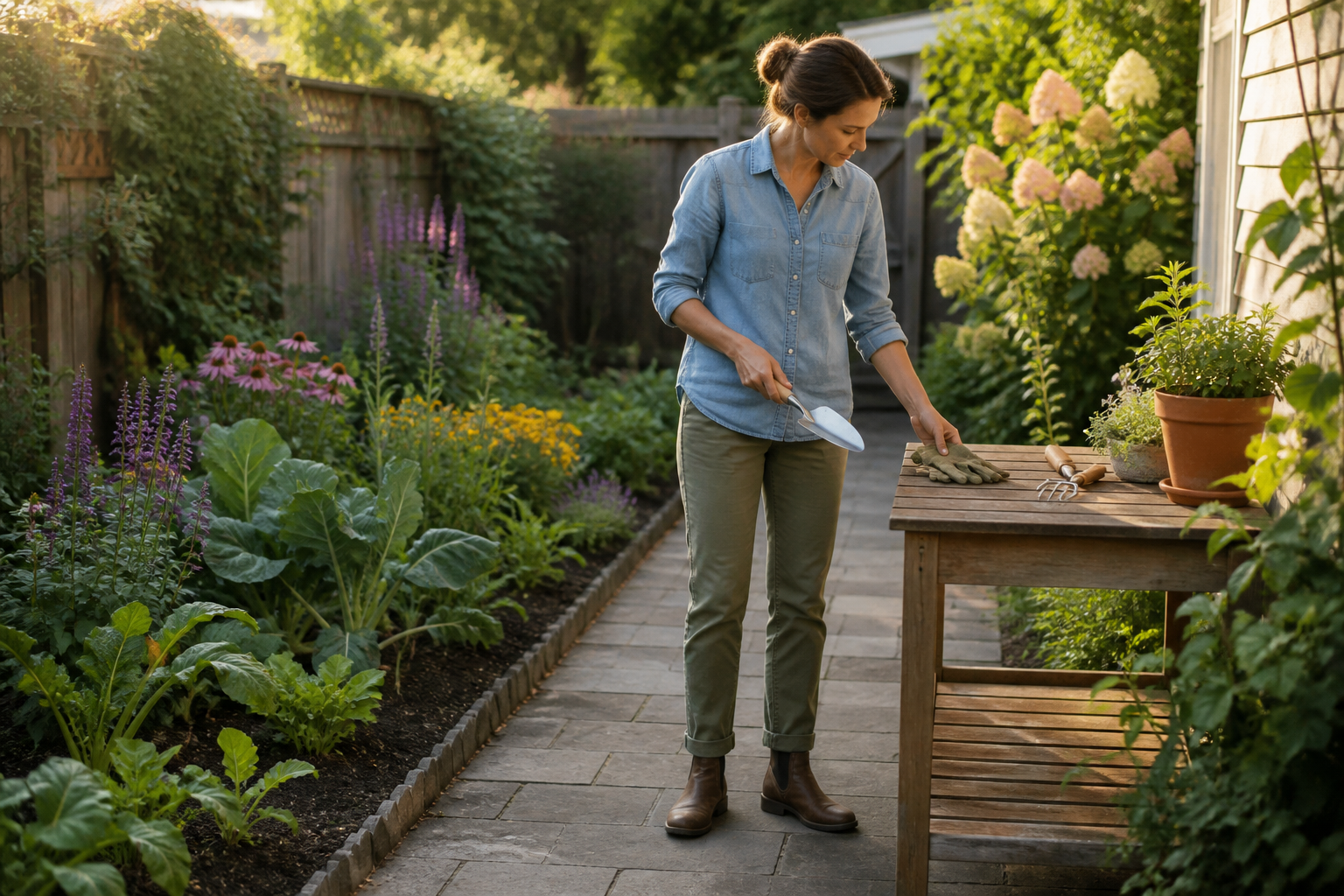 Home gardener standing on a level stone path beside a low backyard planting bed and a wooden potting table