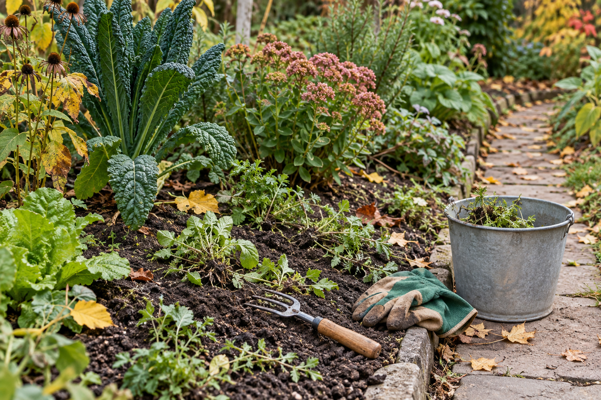 Early-autumn home garden bed with dark soil, pulled weeds, a generic hand fork, gloves and a plain metal bucket beside a narrow path