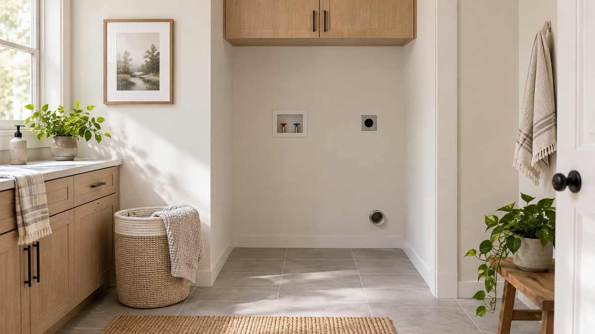 Bright empty laundry alcove with a level tiled floor, utility hookups and overhead cabinet prepared for vertical appliance planning