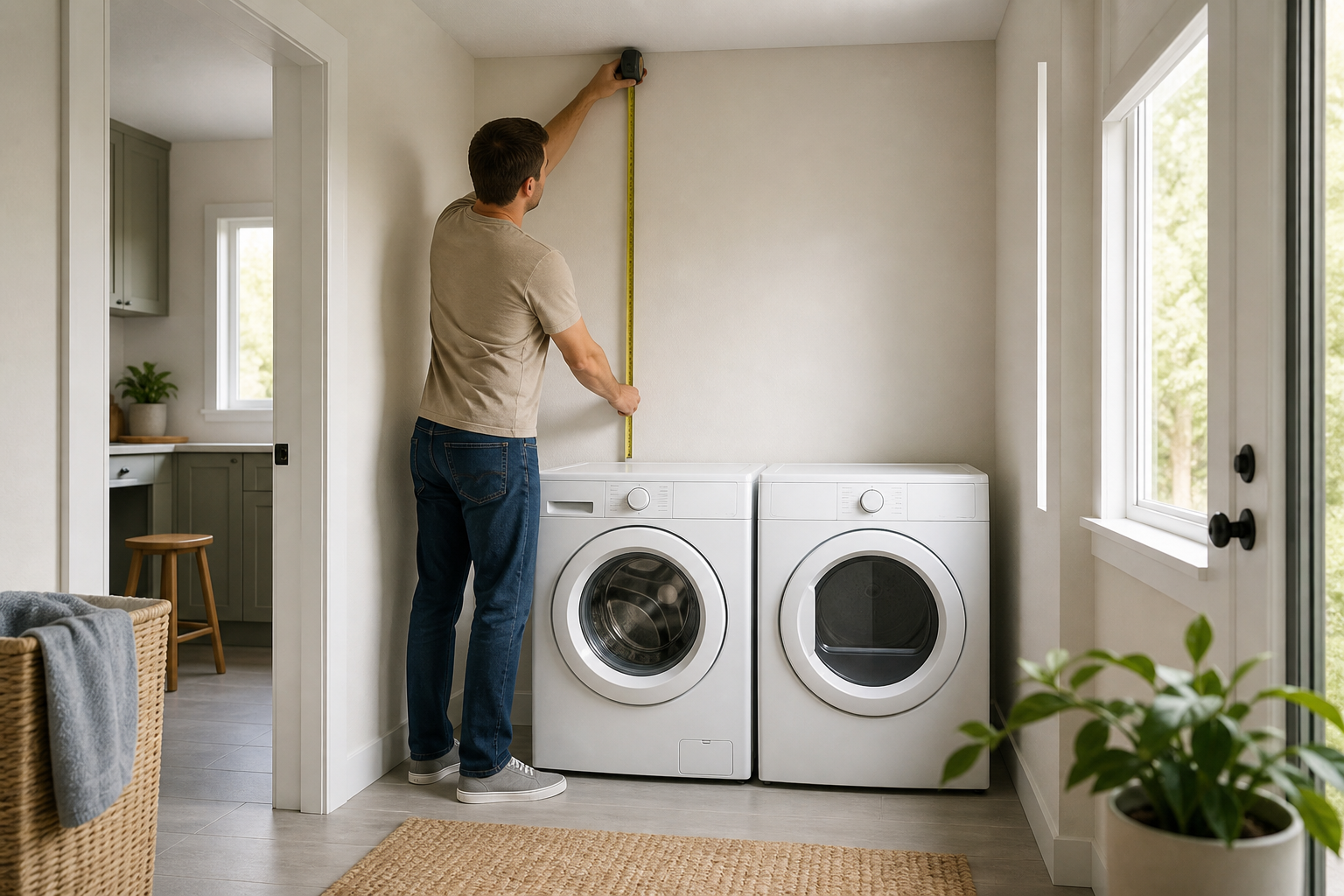 Homeowner measuring wall height above two unbranded front-loading laundry appliances standing side by side in a bright residential laundry room