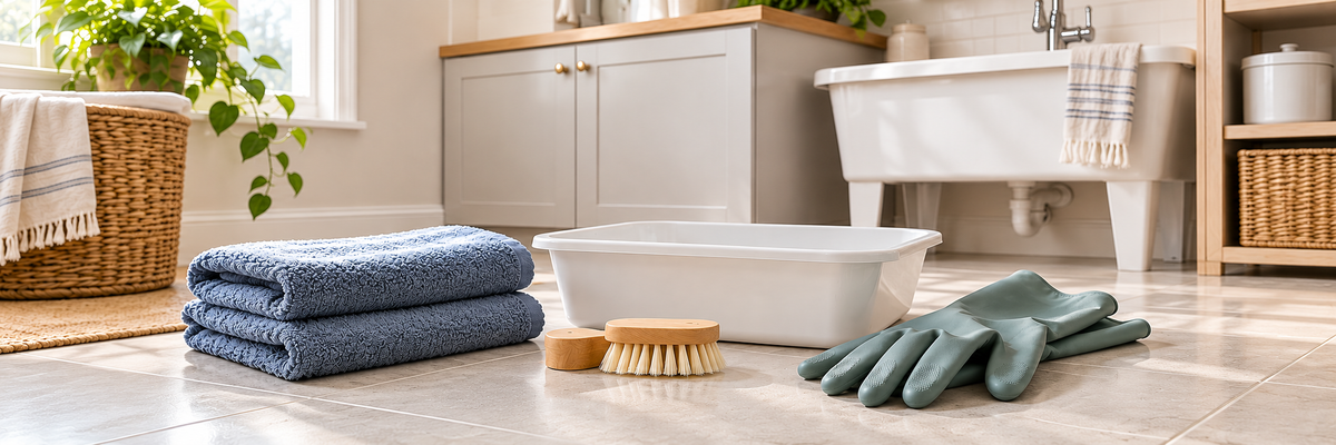 Sunlit home laundry utility room with a shallow water pan, folded blue towels, soft brush and plain gloves prepared on a tile floor
