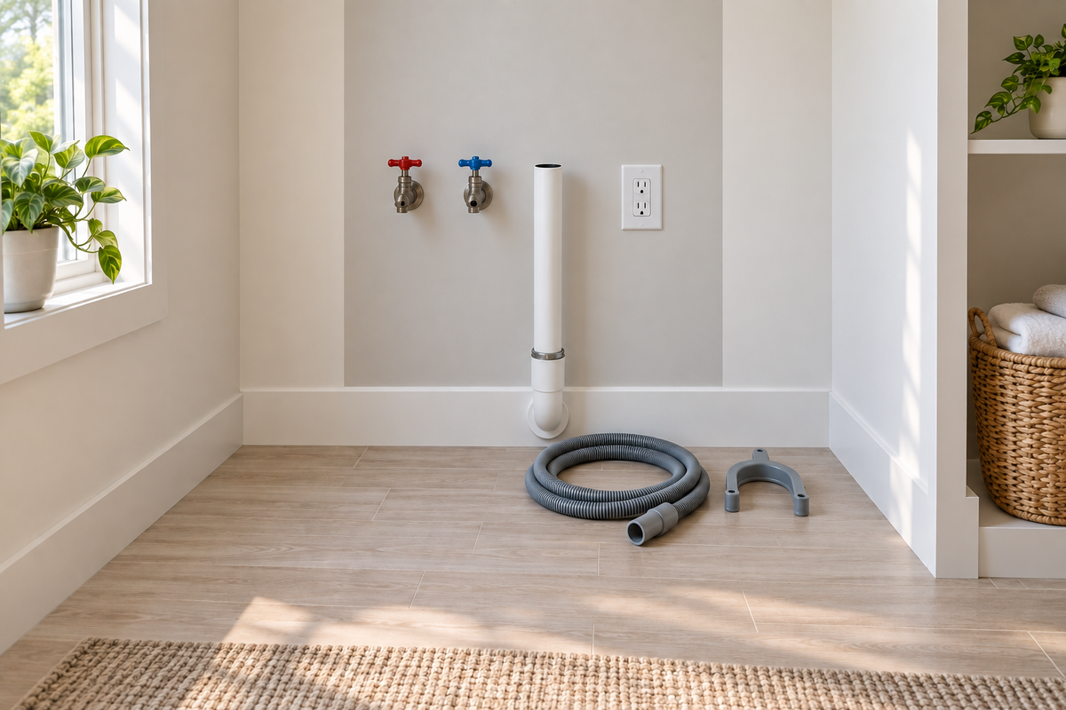 Bright empty laundry alcove with plain water valves, an open standpipe, wall outlet and an unconnected drain hose arranged for installation planning