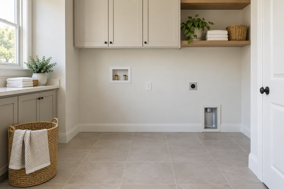 Bright empty laundry alcove with upper cabinets, utility connections, tiled floor, basket and folded towels prepared for height and clearance planning