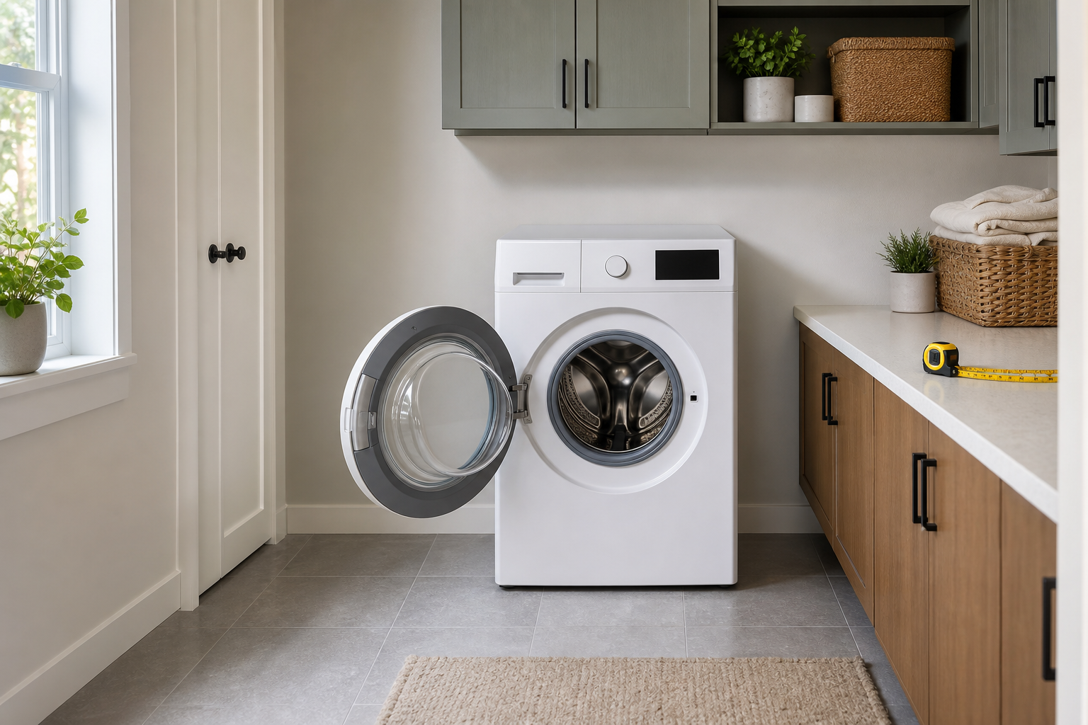 Bright laundry room with an unbranded front-loading washer resting directly on the floor, its door open beside clear cabinetry and a measuring tape