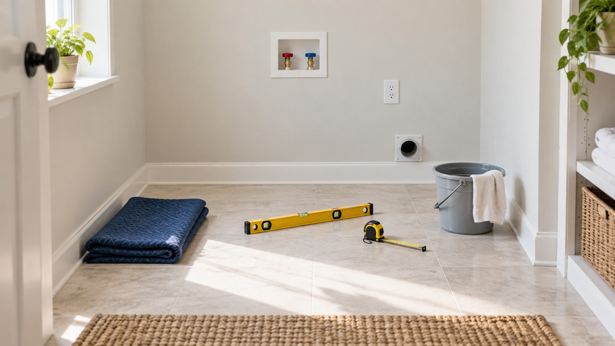 Empty laundry alcove prepared for installation with a level, tape measure, moving blanket and bucket on a hard floor
