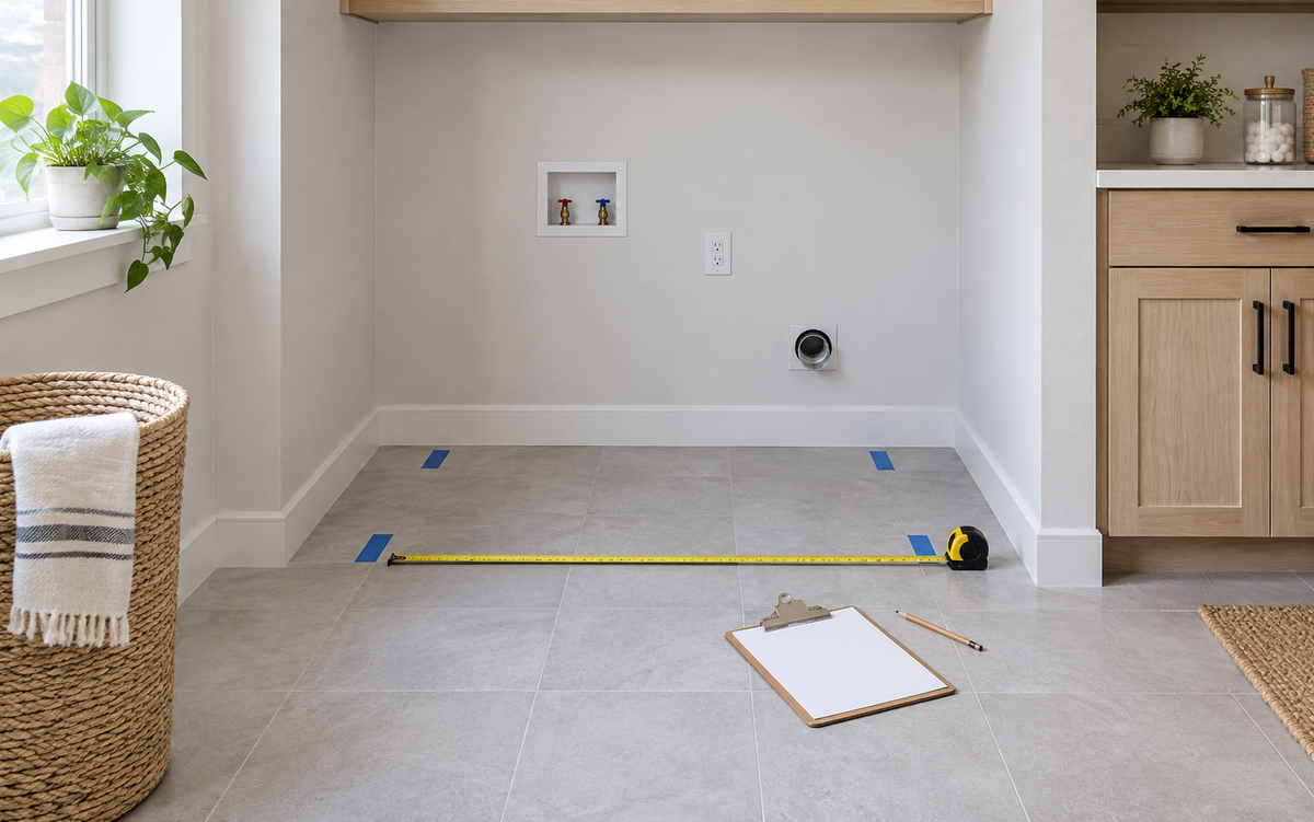 Empty laundry alcove marked with a tape measure for washing machine clearance planning