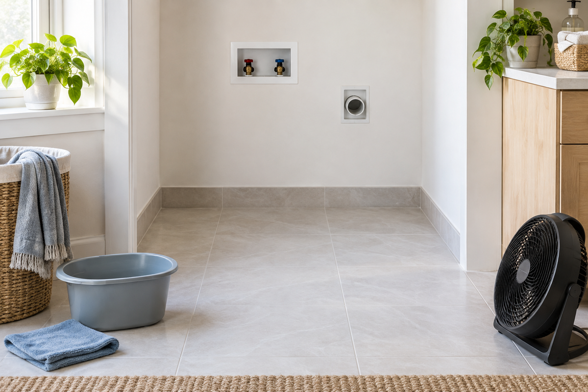 Bright empty laundry alcove with a clean tiled floor, utility connections, folded microfiber cloth, empty bucket and floor fan