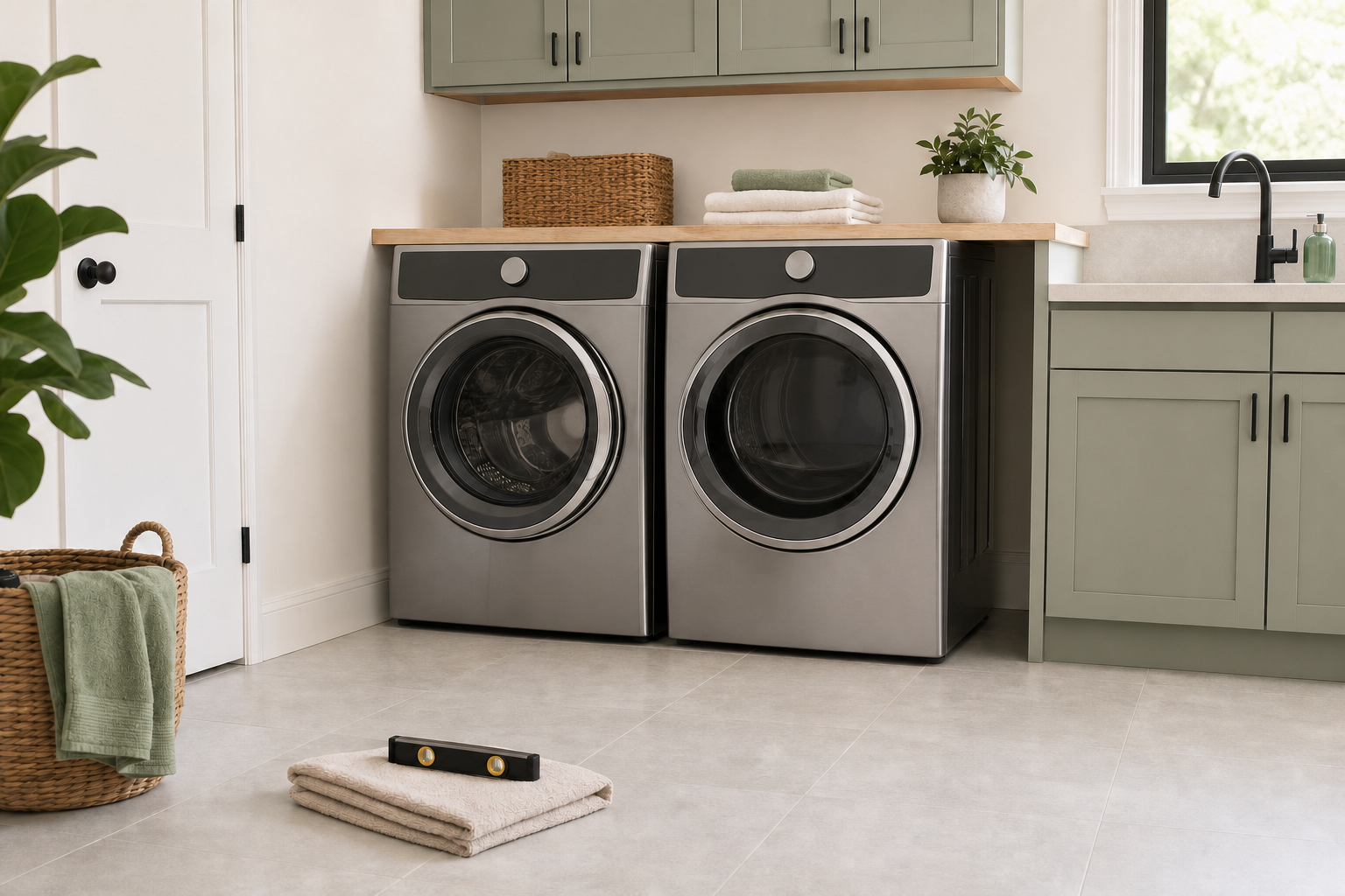 Bright modern laundry room with a washer and dryer standing directly on the floor beside an unbranded bubble level