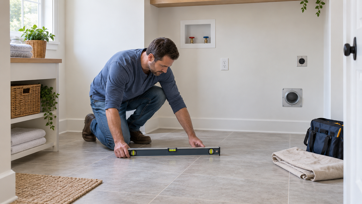 Home installer checking an empty laundry room tile floor with a bubble level
