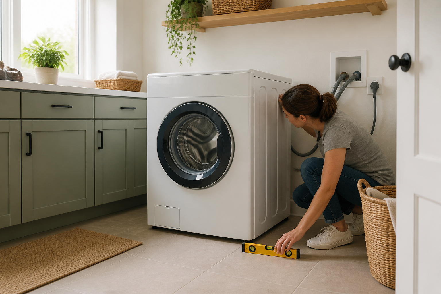 Homeowner checking floor level and hose clearance beside an unbranded front-loading washing machine standing directly on a tiled laundry-room floor