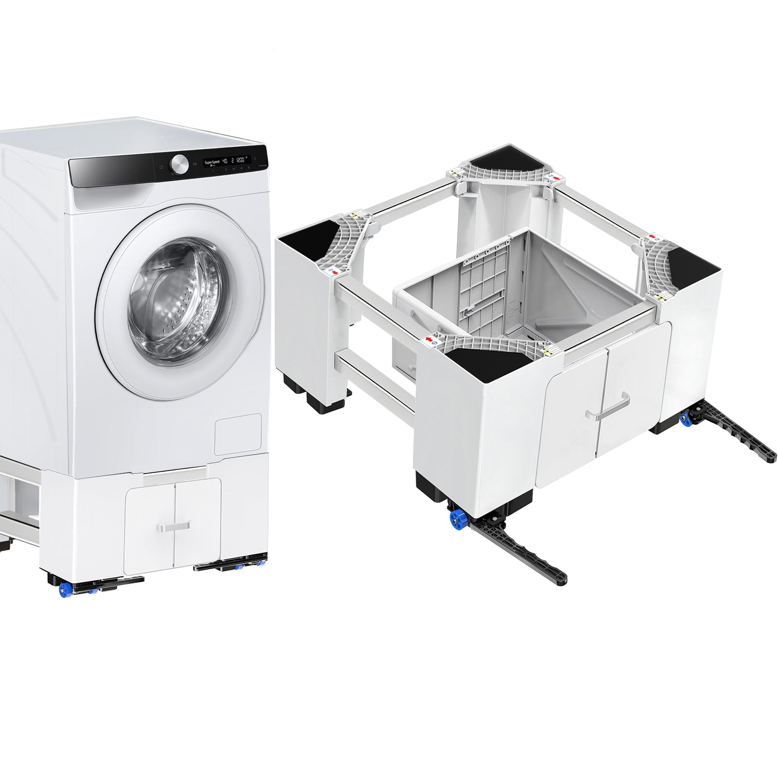 Three-tier washing machine stand with drawer and wheels, adjustable anti-vibration, 400 kg capacity.