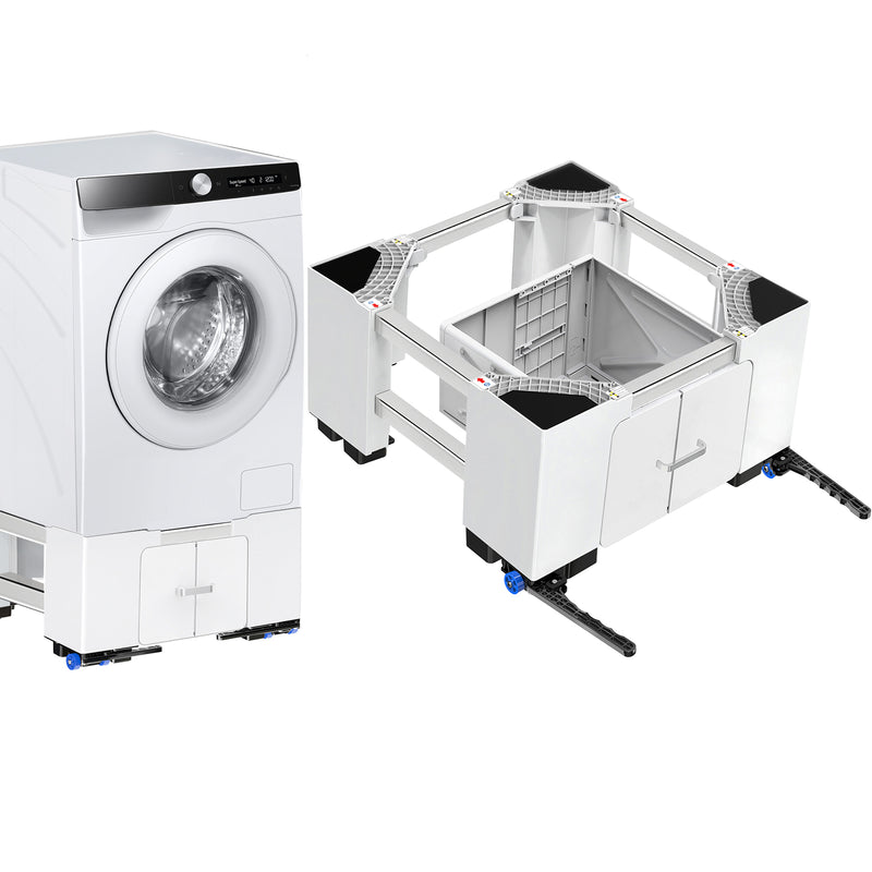 Three-tier washing machine stand with drawer and wheels, adjustable anti-vibration, 400 kg capacity.