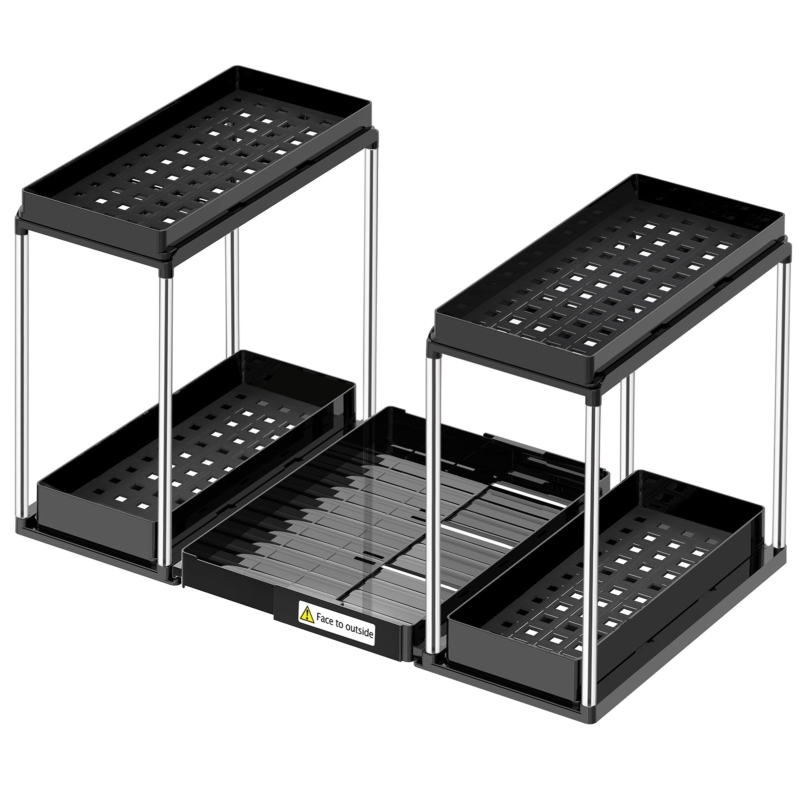 Two-tier sliding under sink organizer with pull-out tray, plastic, fits cabinets 21-27.9 inches wide
