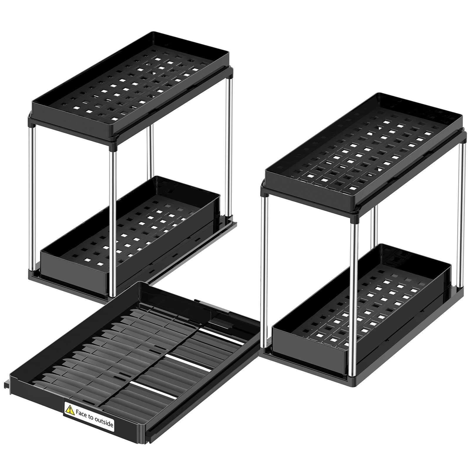 Under sink organizer with adjustable width and sliding drawers for cleaning supplies