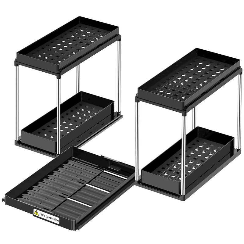 Under sink organizer with adjustable width and sliding drawers for cleaning supplies