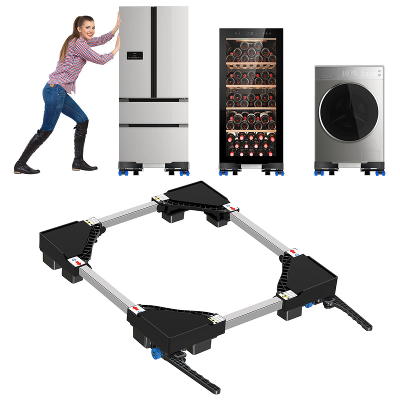 Black adjustable washing machine base with lift roller and wheels