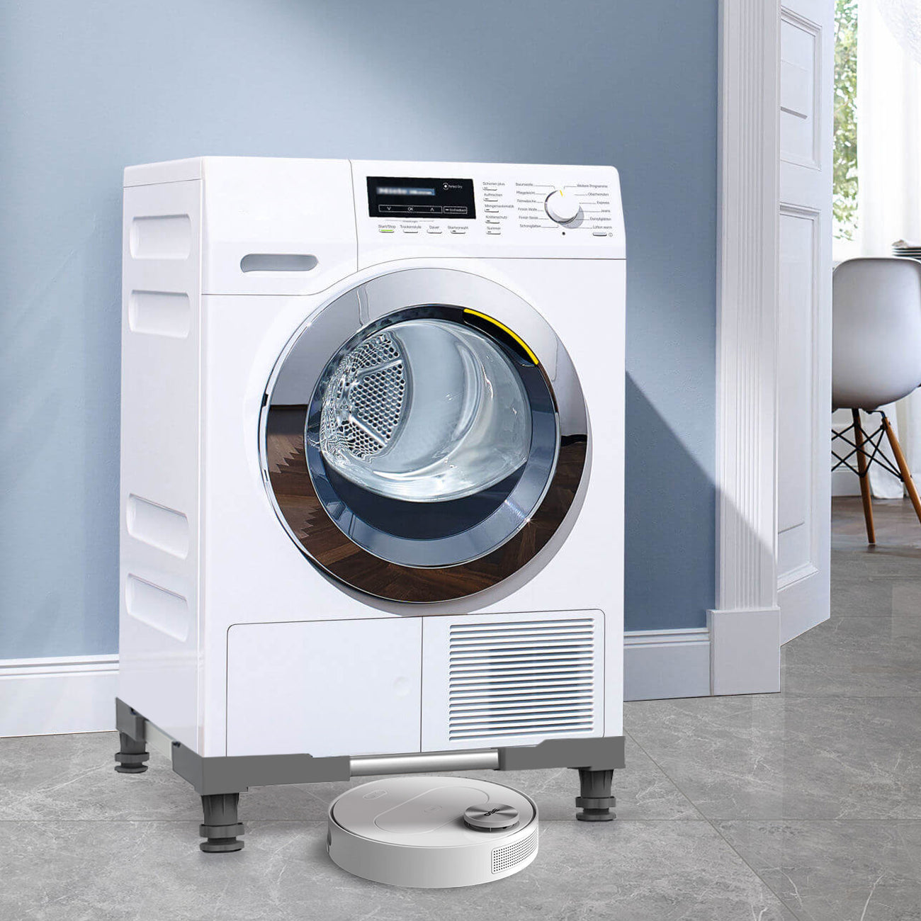 Close-up of the locking mechanism on the adjustable washing machine stand