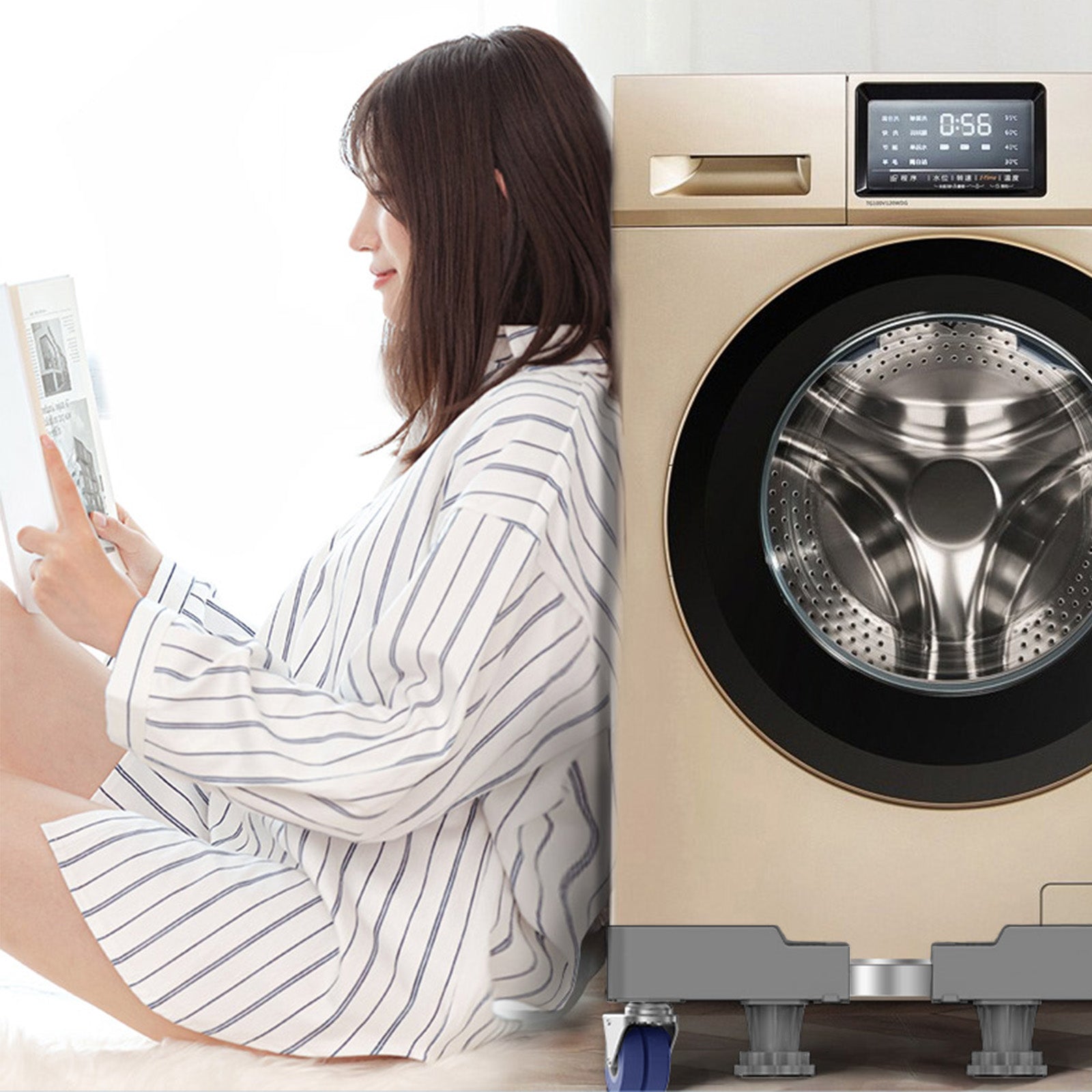 Washing machine base with adjustable width between 41.5 and 65 cm