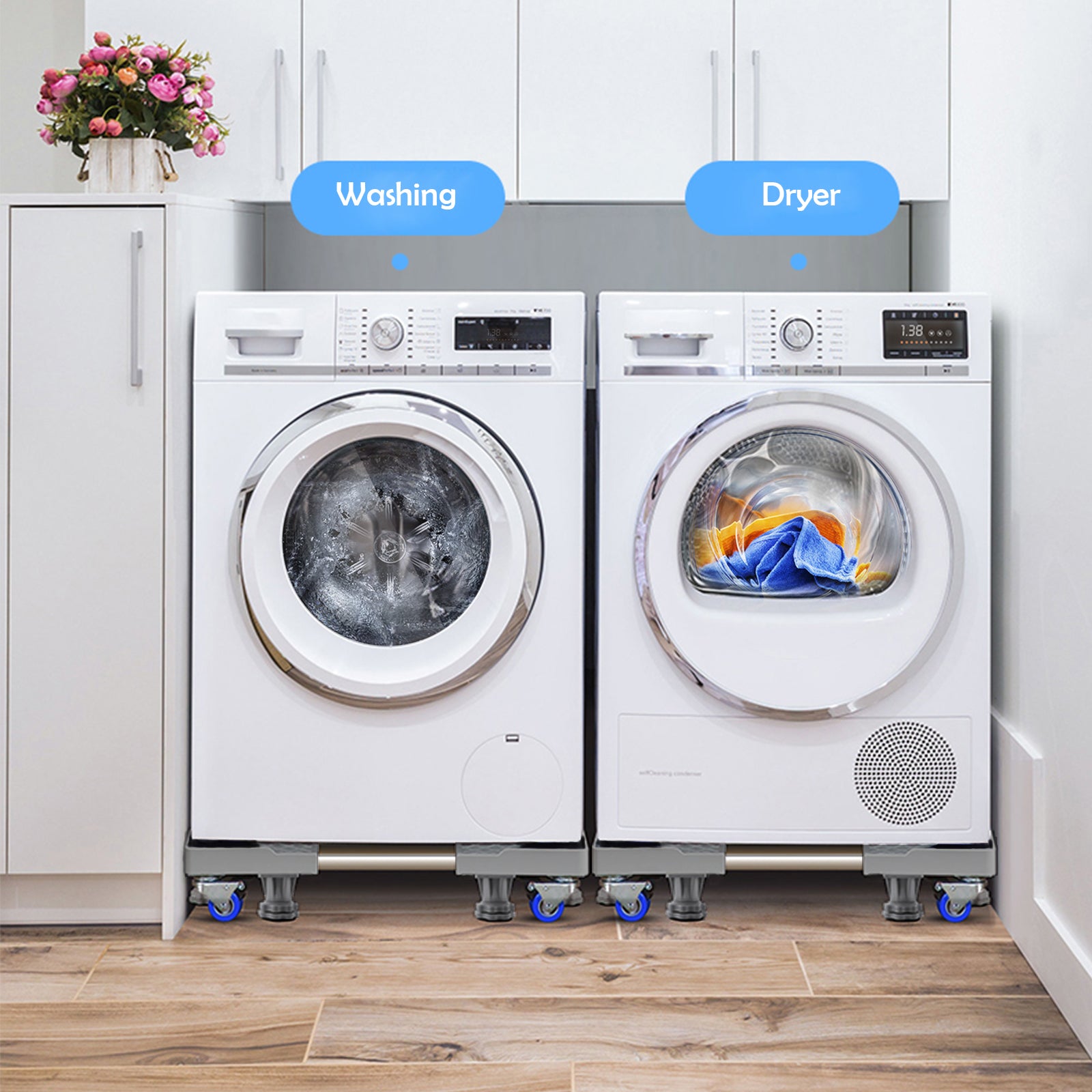 Wheels locked in place on washing machine base for stable use
