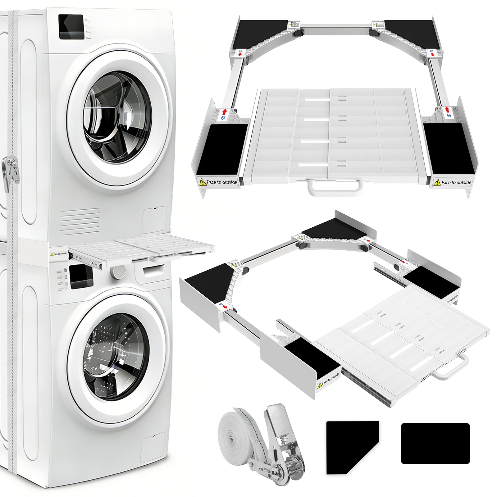 Stainless steel washing machine stacking kit with pull plate, adjustable width 53-68 cm