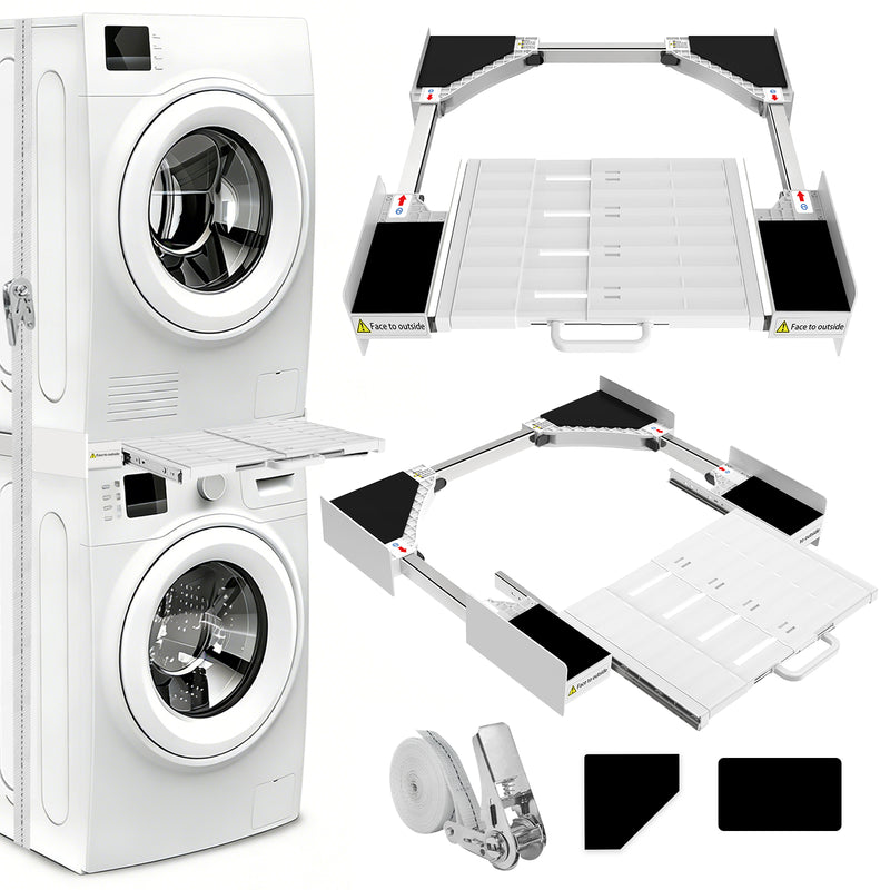 Stainless steel washing machine stacking kit with pull plate, adjustable width 53-68 cm