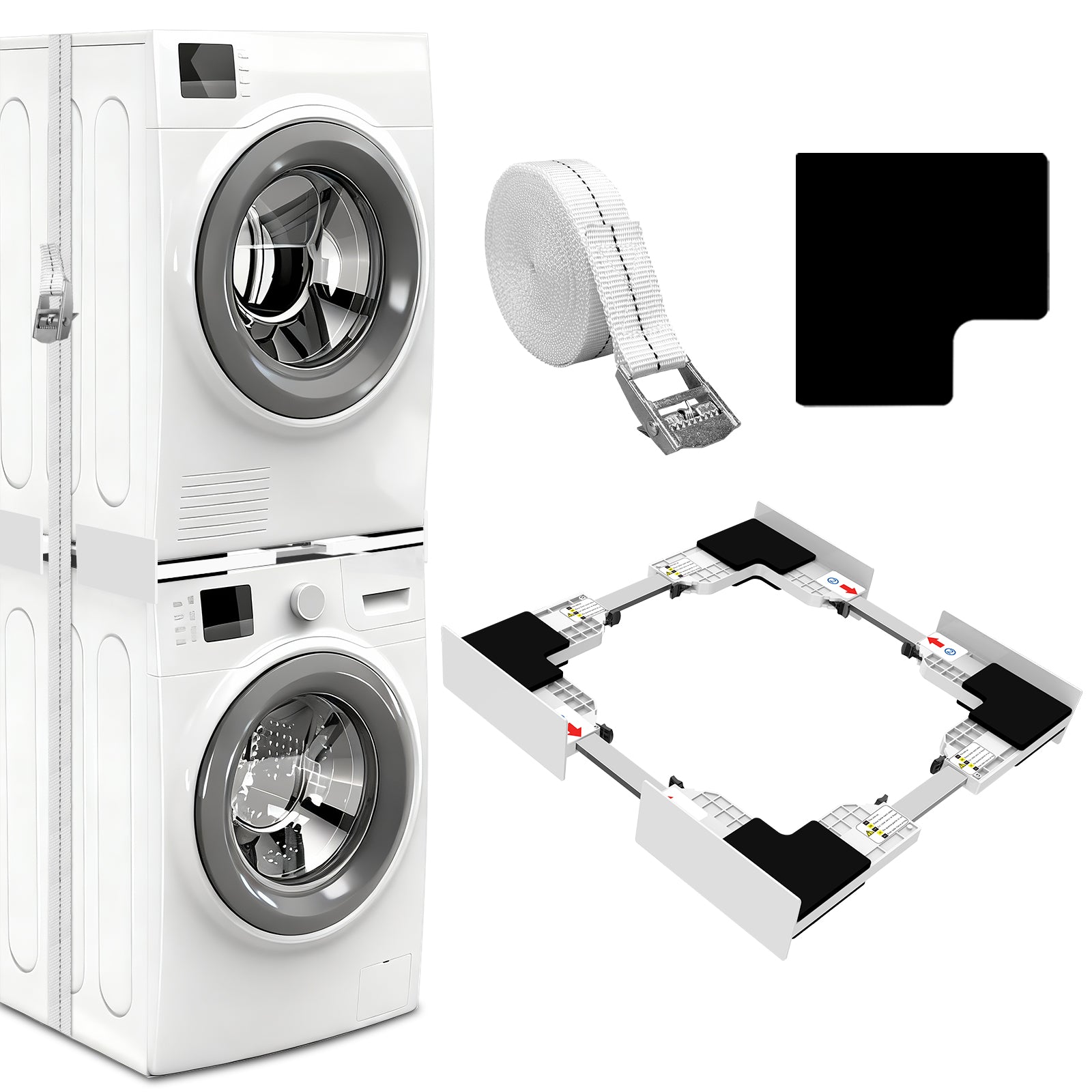 Universal washing machine dryer stacking kit with aluminum alloy base and ratchet straps.
