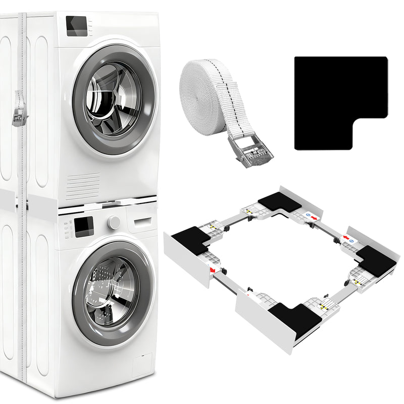 Universal washing machine dryer stacking kit with aluminum alloy base and ratchet straps.
