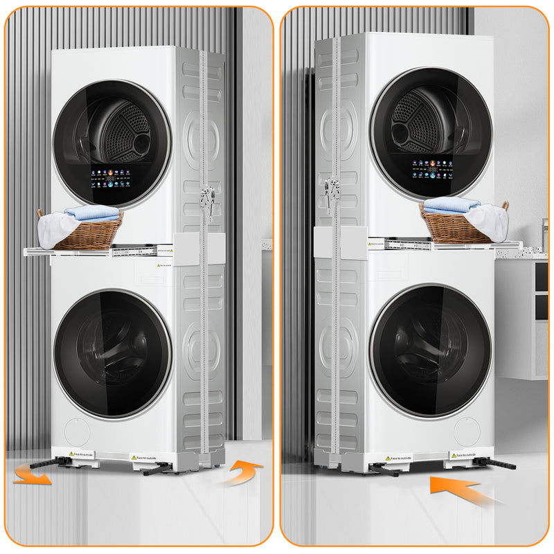 Stacked laundry setup with NIUXX kit showing adjustable size and space-saving design.