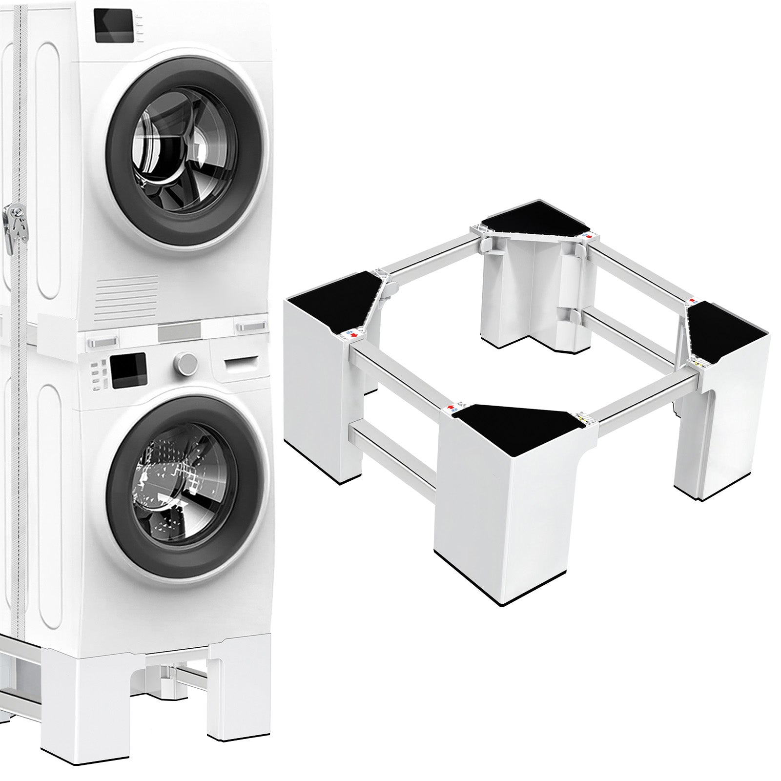 Adjustable stand supporting a front-load washing machine, elevated for easy cleaning