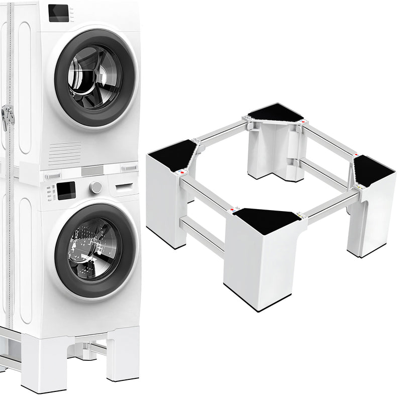 Adjustable stand supporting a front-load washing machine, elevated for easy cleaning