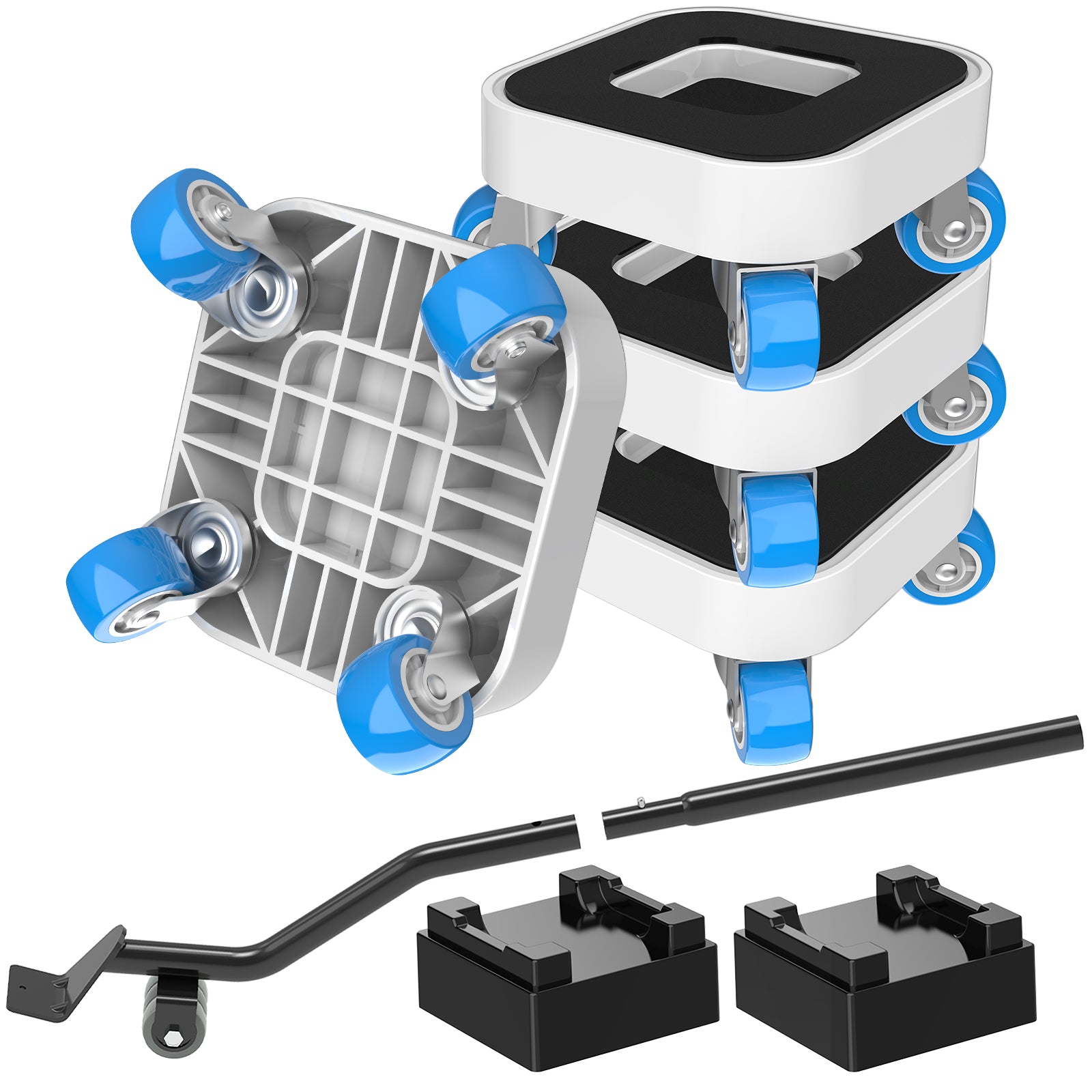 Furniture moving dolly set with four white and blue platforms and a lift tool on a light background.